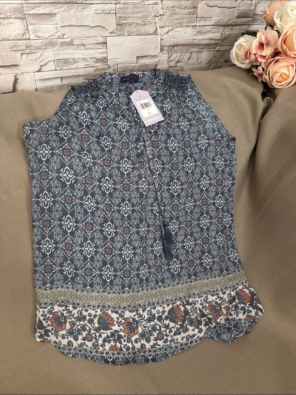 Ariella Navy Printed Sleeveless Tunic with Floral Border